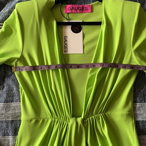 NWT Gauge81 Lime Green Plunge Draped Mini Dress w Strong Shoulder Size M - Picture 12 of 12